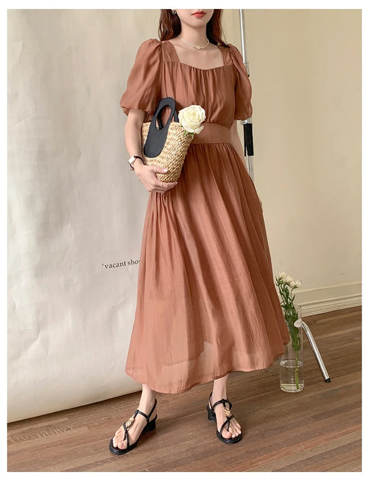 Vintage Bubble Sleeves Solid Color Pleated Long Dress Elegant Fashion Square Neck Dresses Women  Spring Summer
