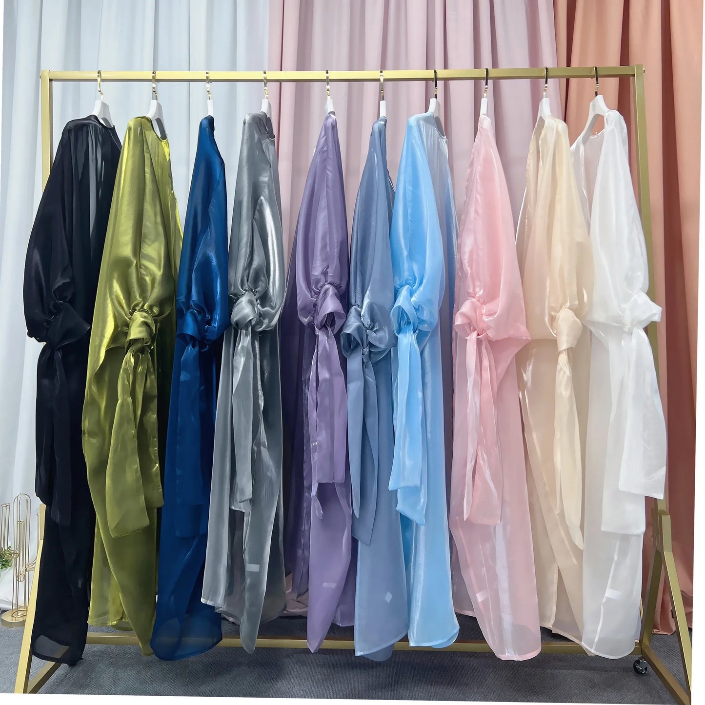 Abaya Puff Sleeves Dress Silky Kaftans for Women Robe Kimono Islam Abayas Femme Musulmane