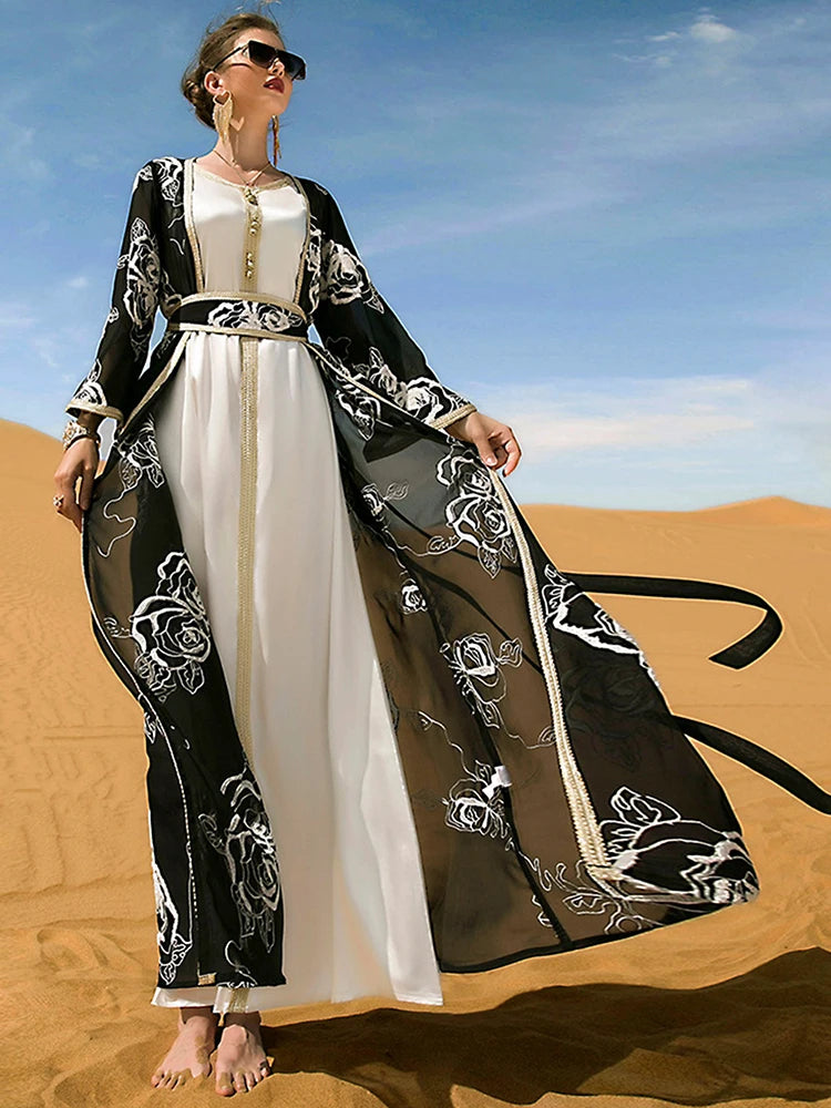 woman Dress Arabic Long Sleeved Round Neck  Floral Embroidered Cardigan Two Piece
