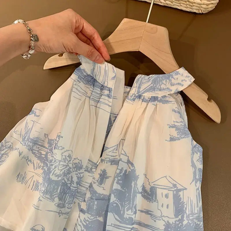 Children Sets Waistdress Sleeveless A-line Pullover Print Kids Shorts Above Knee Length Elastic Waist Cotton Floral New Korean girls