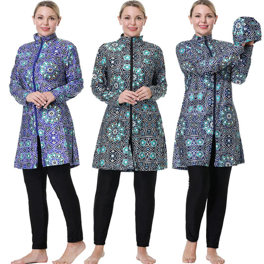 Modest Women Swimming Suit  Printing Muslim Full Cover Zipper 3pcs Hijab Long Sleeves Sport Swimwear Islamic Burkini Wear