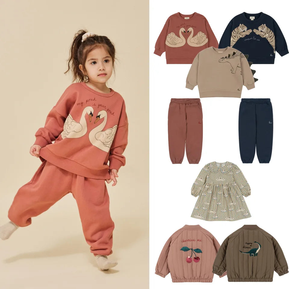 Autumn Konges Slojd Kids Clothing Baby Boys Fleece Cotton Sweatshirts Girls Cartoon Swan Dinosaur Pullover Children Top Trousers kids girls boys