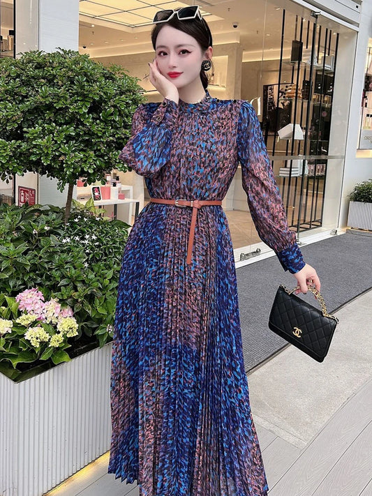 Runway Leopard Print Long Pleated Dress Women  Spring Elegant Designer Long Sleeve Vintage Bohemian Holiday Vestidos
