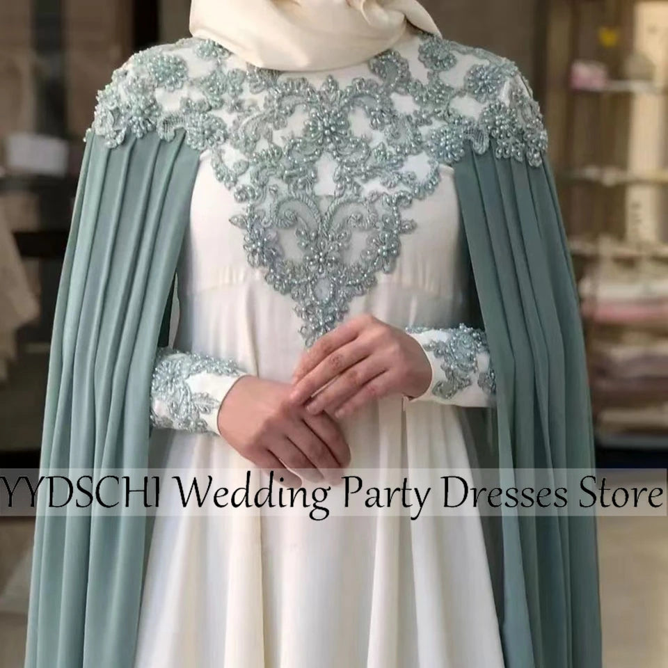 woman Kaftan Evening Green Dresses Lace Appliques Long Sleeves A-Line Prom Dress Elegant Satin Crystal Robes De Soirée