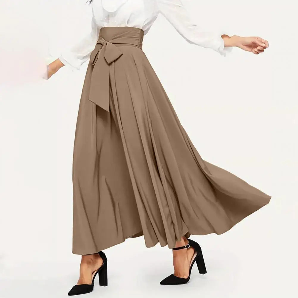 High Waist Women Skirt Elegant Lace-up Maxi Skirt with High Waist A-line Silhouette Solid Color Wide Band for Women