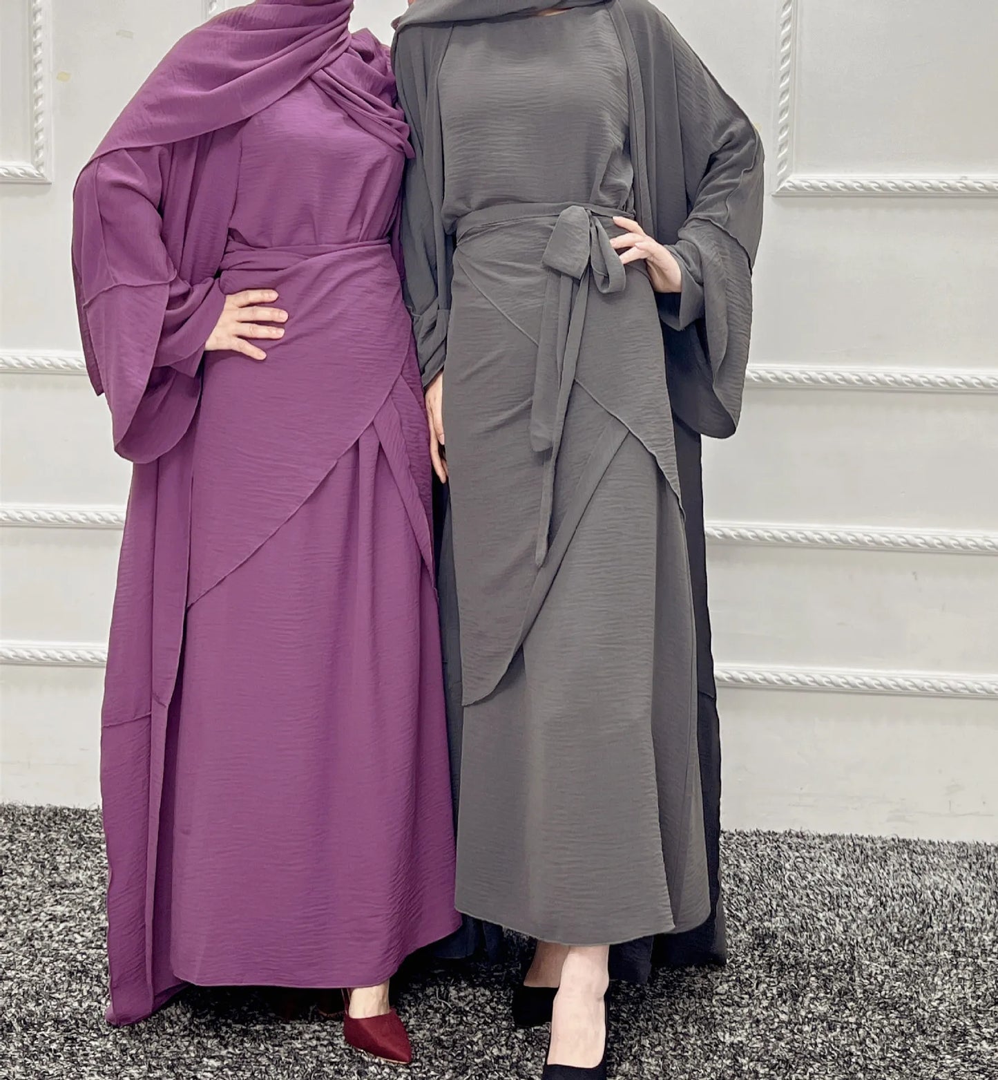 Muslim Sets 3 Piece Abaya Set Matching Outfit Open Abayas for Women Jilbab Hijab Dress + Wrap Skirt Islam Clothes