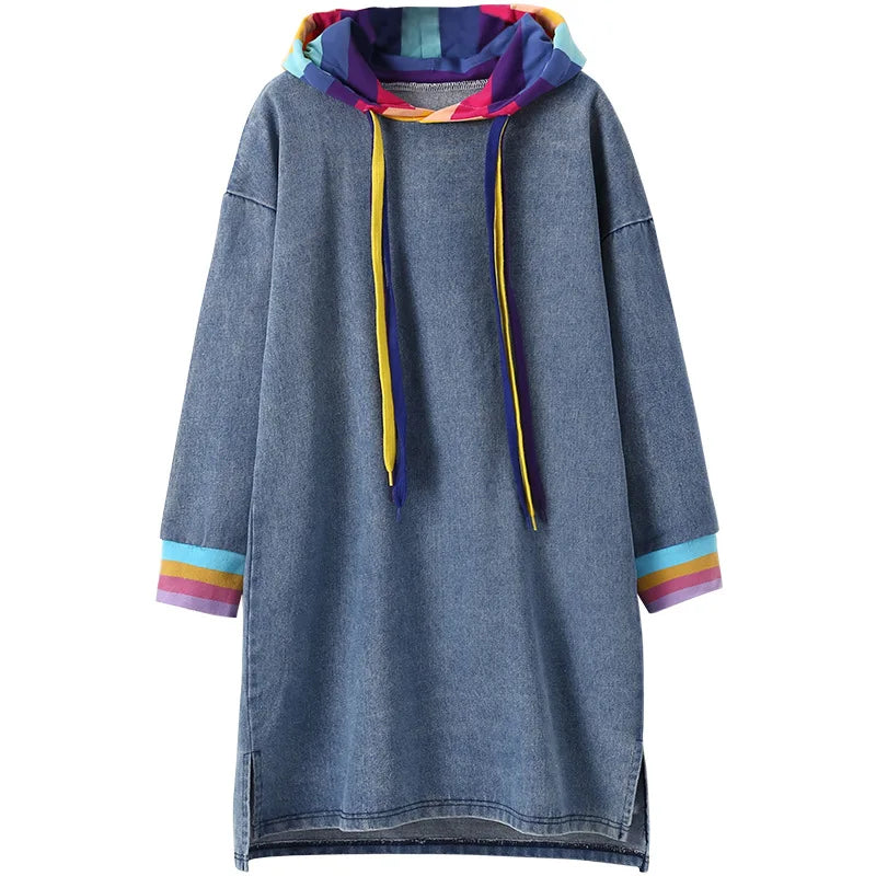 Teenager Girls Autumn Winter Kids Sweater loose demin Dresses Princess rainbow hooded sweatshirt