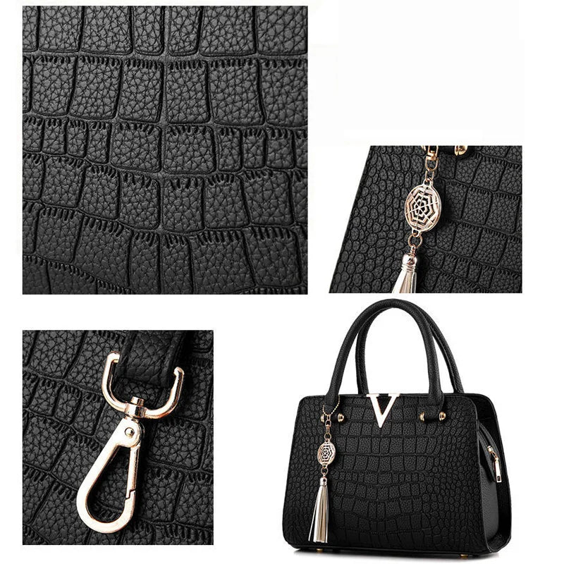 Fashion Women Handbags Tassel PU Leather Totes Bag Top-handle Embroidery Bag Shoulder Bag Lady Simple Style Crocodile pattern