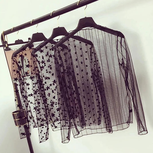 Women Fashion T-Shirts Mesh Sheer Party Long Sleeve Blouses Lady Sheer Fishnet See Through Transparent Top Lace Top Blouse