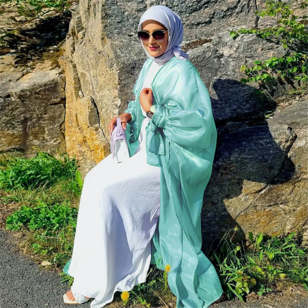 Open Abaya Elegant Women Shiny Muslim Cardigan Maxi Dress Turkey Kimono Arab Eid Party Puff Sleeve Summer Kaftan Islam Jalabiya