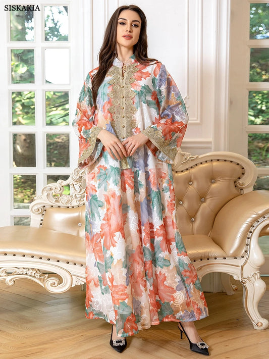 Dubai Arab Fashion Printing Elegant Party Dresses Islamic Clothing Muslim Saudi Moroccan Women Kaftan Eid Robe