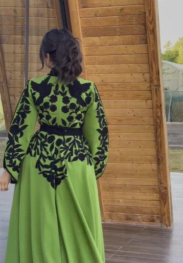 Dress New Embroidery V-Neck Kaftan Women New Slim Ramadan Festival Party Green Robe Clothing