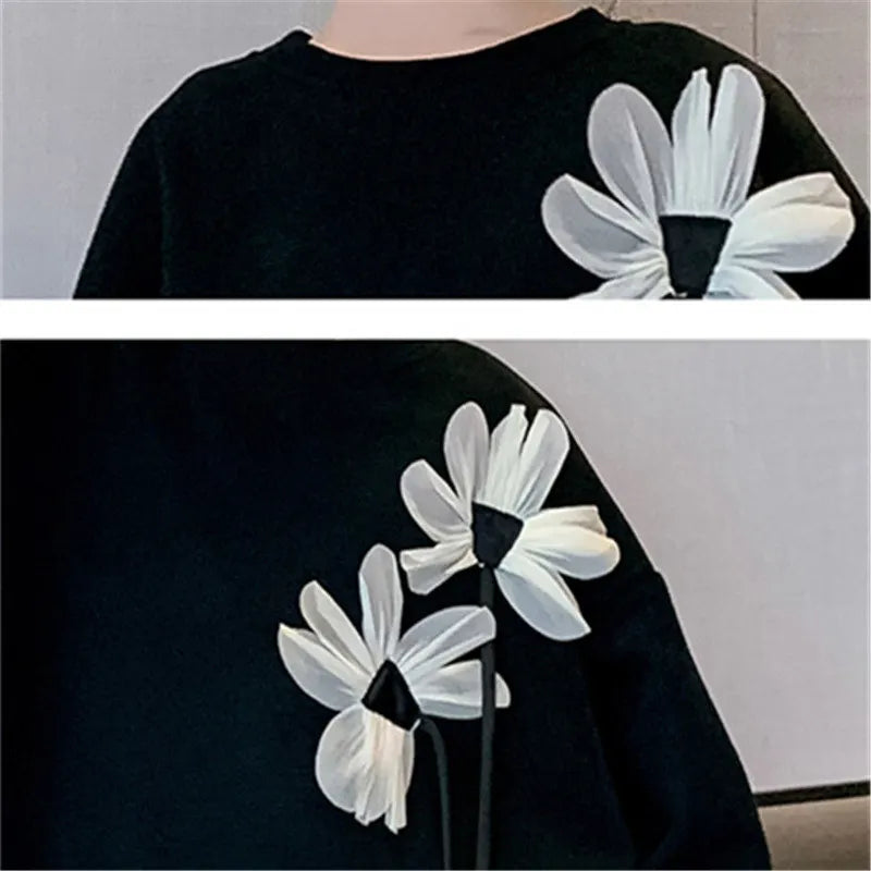 Teen Girls Black Sweatshirt Long Sleeve Tops with Flower Spring Autumn Children Clothes Casual Sweatshirt