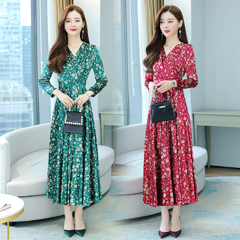 Summer Green Floral Chiffon  Loose Dress for Women Elegant Bodycon Party Dresses  Long Sleeve V-neck Night Long Vestidos