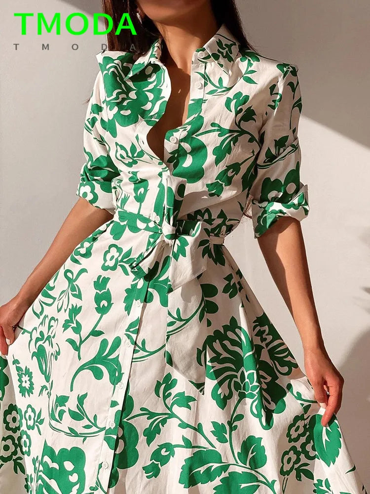 Women Green Floral Midi Dress With Belt Vintage Three Quarter Sleeve Dress Female Outwear Vestidos