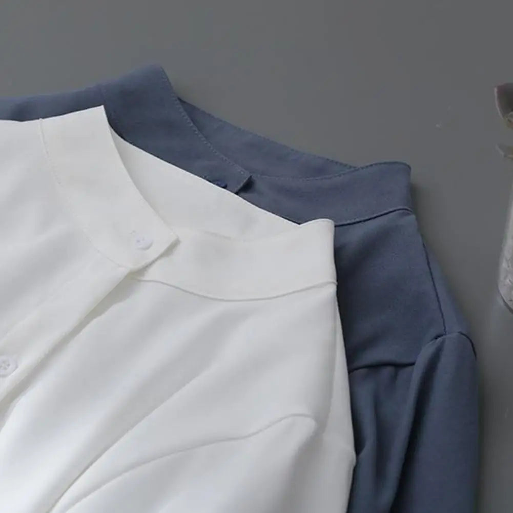 Women Shirt Elegant Women's Stand Collar Cardigan Blouse with Lantern Sleeves for Formal Business Style Commute Solid Color Top