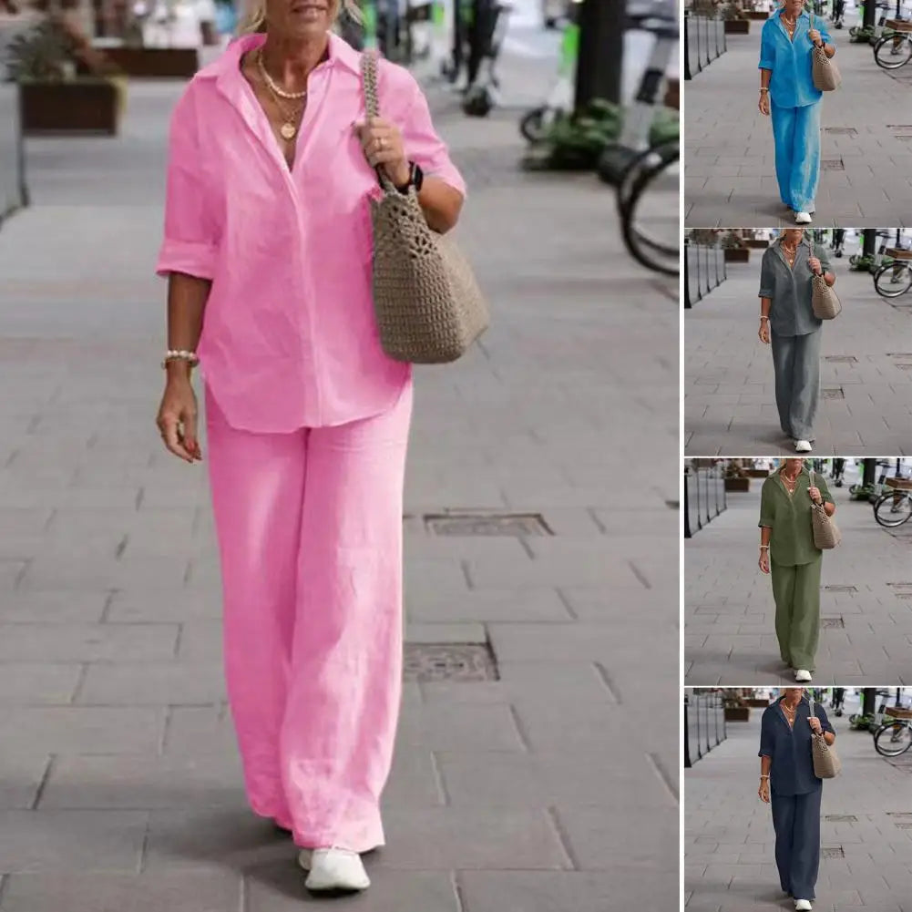 Women  Linen Lapel Shirt Two Pieces Set Vintage Solid Long Sleeve Button Blouse and Loose Straight Pants Casual Suits