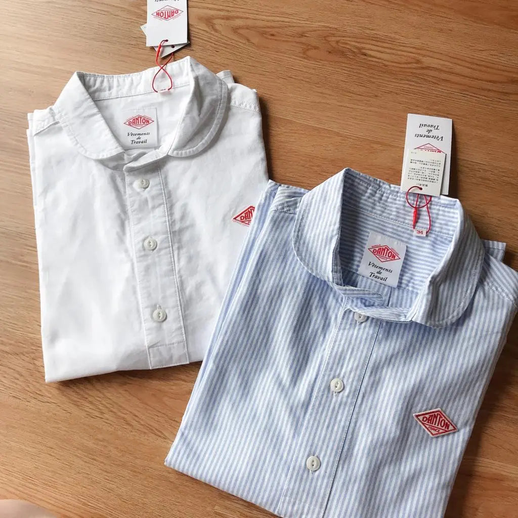Japan Classic Simple Doll Collar Solid Stripe Pullover Short sleeve Shirt Top