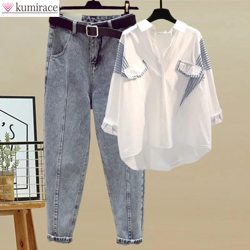 Style Elegant Women's Pants Set Loose Casual Chiffon Shirt Pierced Jeans Two-piece Set Outfits