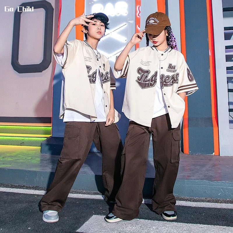 Girls Hip Hop Cool Shirt Costumes Boys Street Dance Cargo Pants Child Baseball Jacket Streetwear Kids Jazz Joggers Clothes Sets