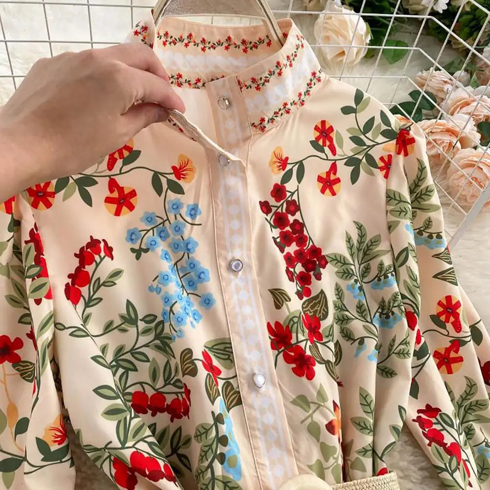 Autumn Runway Maxi Dress Women's Long Sleeve Stand Gorgeous Flower Print Long Dress Female Buttons up Sashes Holidays Dress