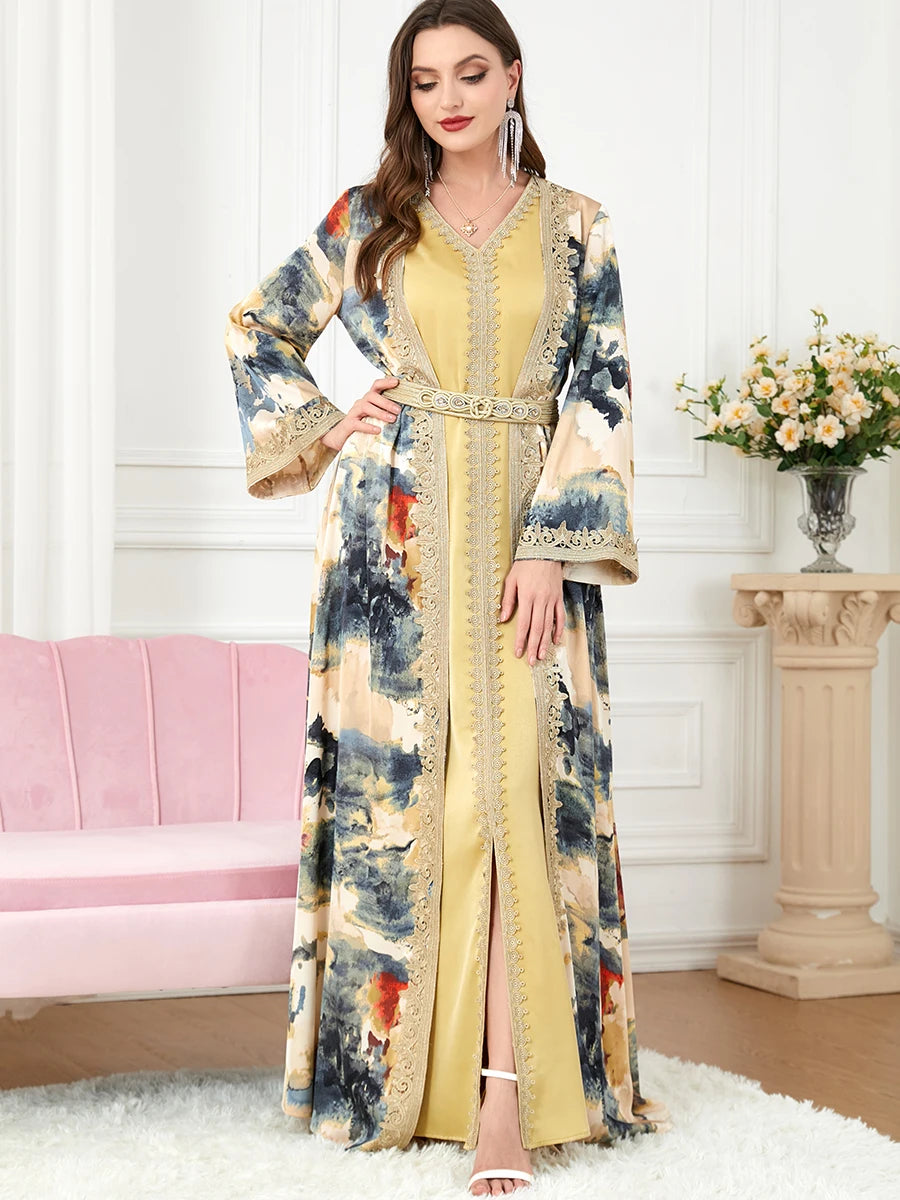 Moroccan Caftan Woman Jalabiya Abaya Muslim Dubai Ladies Luxury Belt Embroidery Kaftans 2 Piece Suit Islamic Long Dresses