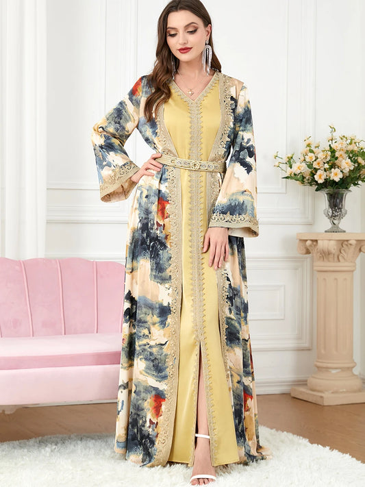 Moroccan Caftan Woman Jalabiya Abaya Muslim Dubai Ladies Luxury Belt Embroidery Kaftans 2 Piece Suit Islamic Long Dresses