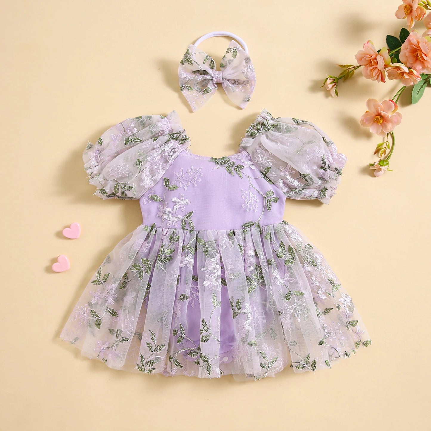 Newborn Baby Girl Puff Sleeve Embroidery Leaves A-line Romper Dress with Bowknot Headband Summer Cute Clothes