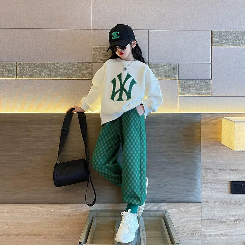 Spring Autumn Active Kids Clothes Girl Cotton Sport Tracksuit Long Sleeve Sweatshirt+Geometric Pant 2Pcs Outfit 6 8 12 14Y