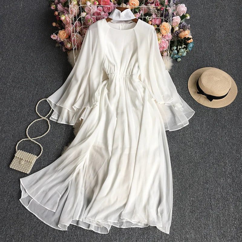 Solid Clothes Sweet Women Chic Female Ladies Vestido Butterfly Sleeve O Neck Folds Fashion A Line Elegant Casual Party Dress