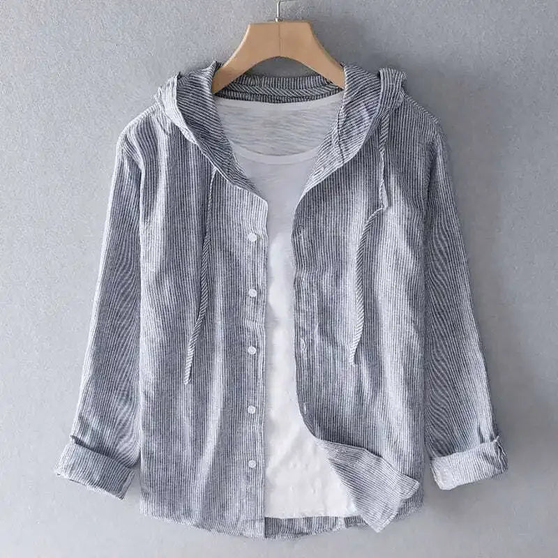 Hooded Long Sleeve Cotton Shirt Man High Street Loose Casual Button All-match Cardigan Q14