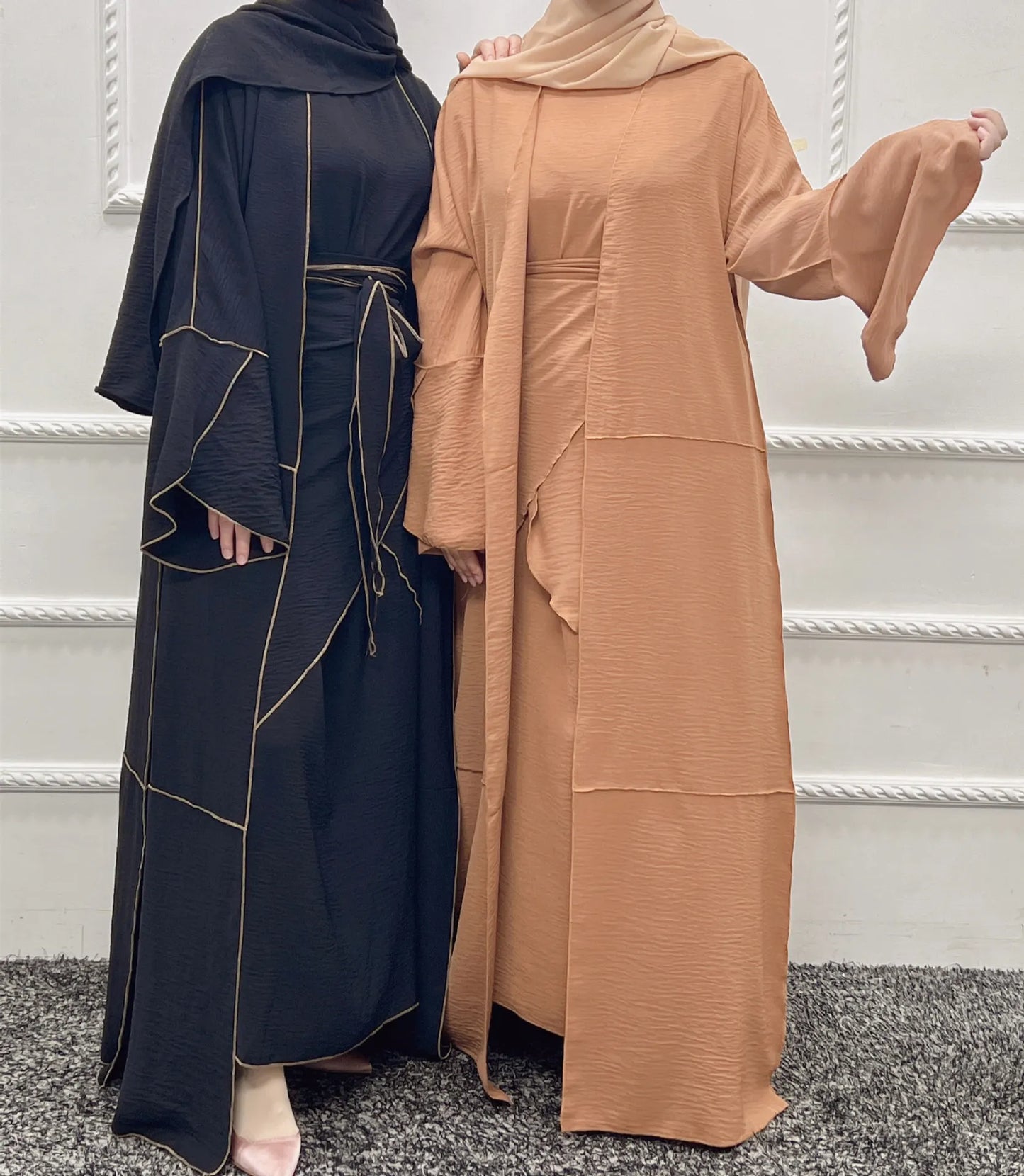Muslim Sets 3 Piece Abaya Set Matching Outfit Open Abayas for Women Jilbab Hijab Dress + Wrap Skirt Islam Clothes