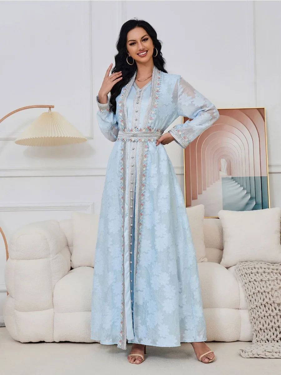 Eid Arab Muslim Party Dress Women Abaya with Inner Dress 2 Piece Set Jalabiya Kaftan Vestidos Ramadan Gown Robe