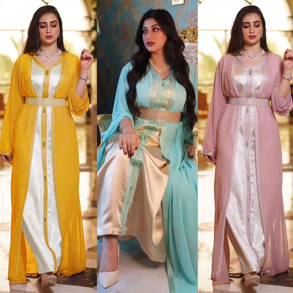 Modest Muslim 2 Pieces Abaya Dress Set for Women Autumn Jalabiya