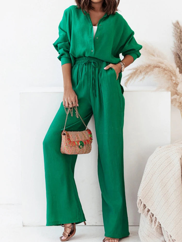Spring Autumn Solid White Women Trouser Suit Set Casual Long Sleeve Two Pieces Suit Wide Pants Outfits Tracks