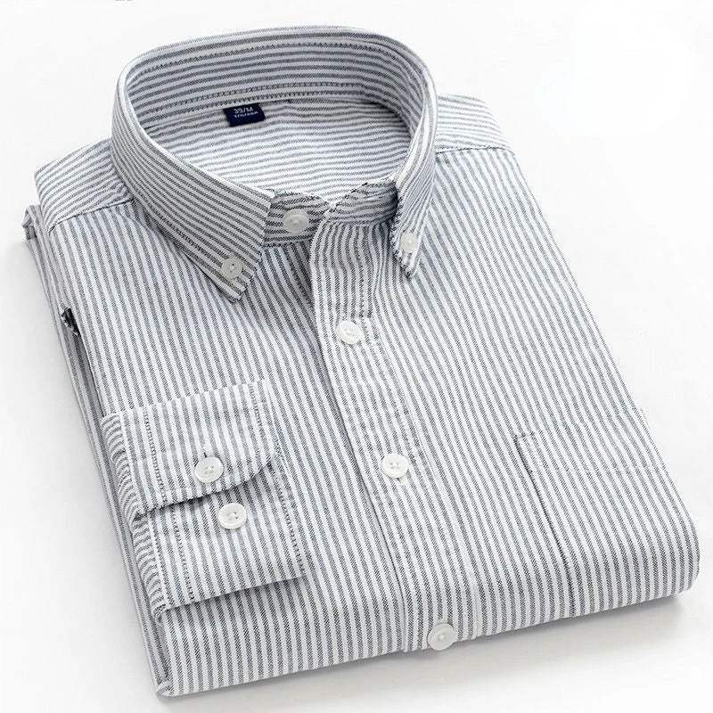 100% Cotton Oxford Shirt Men's Long Sleeve Striped Plaid Casual Shirts Korean Clothes High Quality Business Dress Shirt Grey