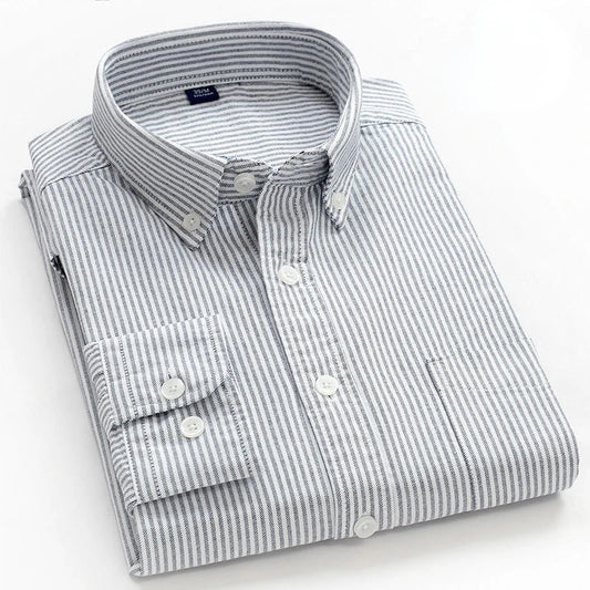 100% Cotton Oxford Shirt Men's Long Sleeve Striped Plaid Casual Shirts Korean Clothes High Quality Business Dress Shirt Grey