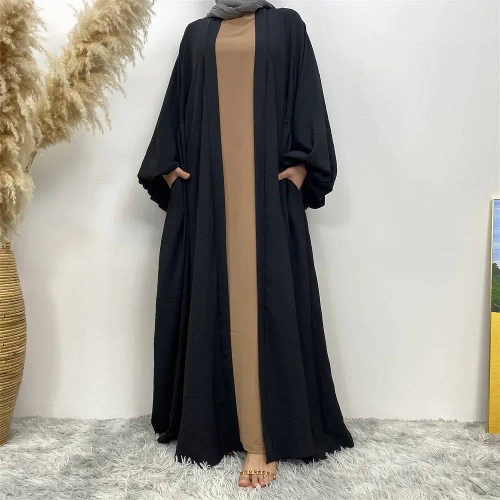 Plain Open Abaya for Women Muslim Cardigan with Pockets Elastic Cuffs Black Islamic Abayas Dress Arabic Kimono Kaftan Robe