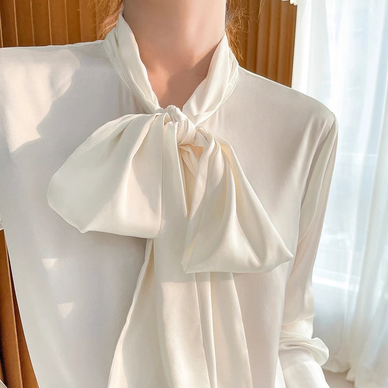 Ladies Fashion Long Sleeves Butterfly Bow Tie Blouse Solid Color Silk Satin Shirt Thin Casual Tops Women