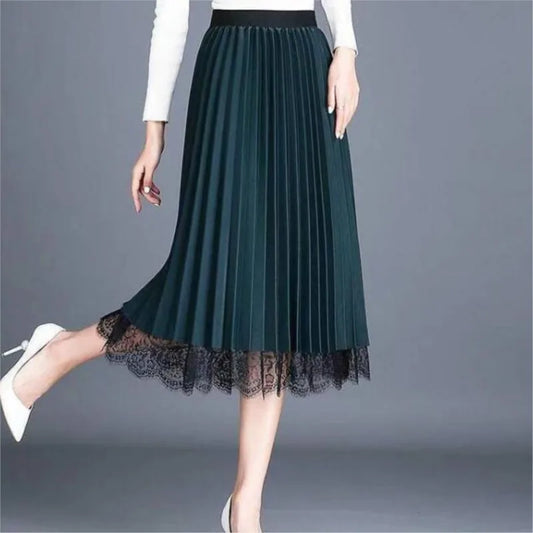 Women's Fashion Pleated Skirt  Elegant Chic Lace Mesh Long Maxi Skirt Female Elastic High Waist A Line Skirts