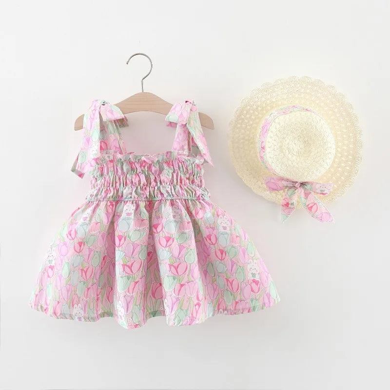 Baby Girl Dress 1-4 Years Girl Summer Suspender Skirt Delivery Same Color Sun Hat Flower Print Sweet Cute Style Princess Dress