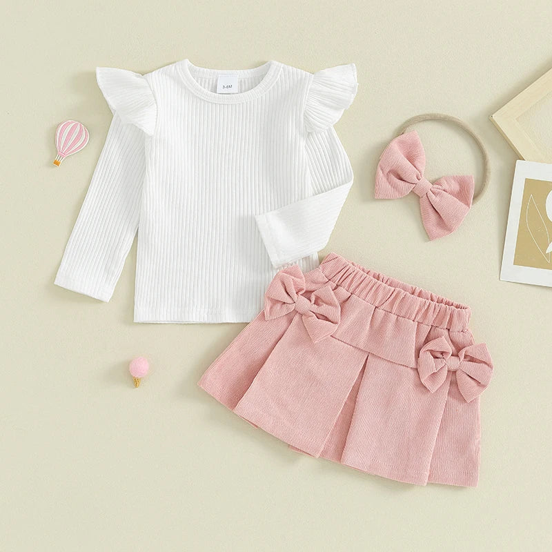 Toddler Baby Girl Outfit Flying Sleeve Ribbed Sweatshirt Corduroy Skirt Headband Set Infant Fall Outfits