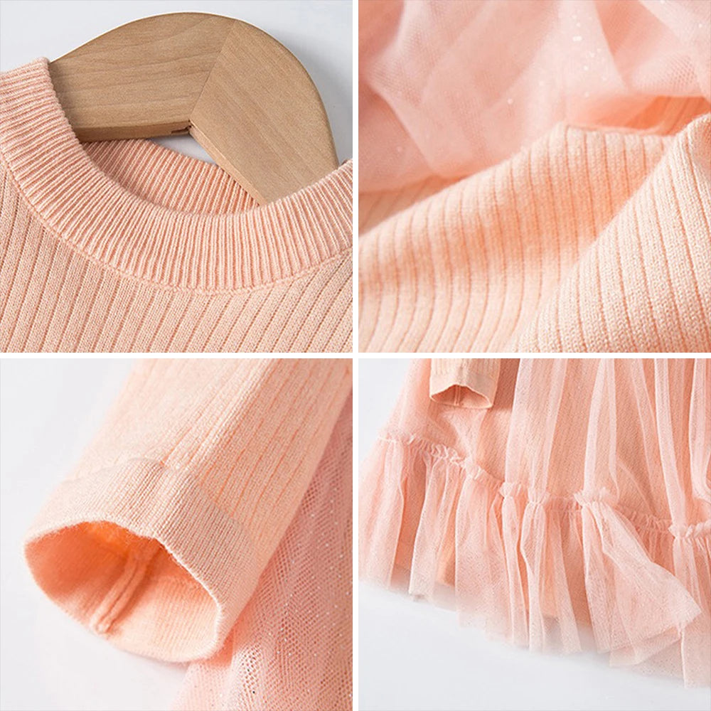 Girls' Dress  Autumn New Girls' Round Neck Knitted Long Sleeve Mesh Splice Dress Children's Fashion Clothing