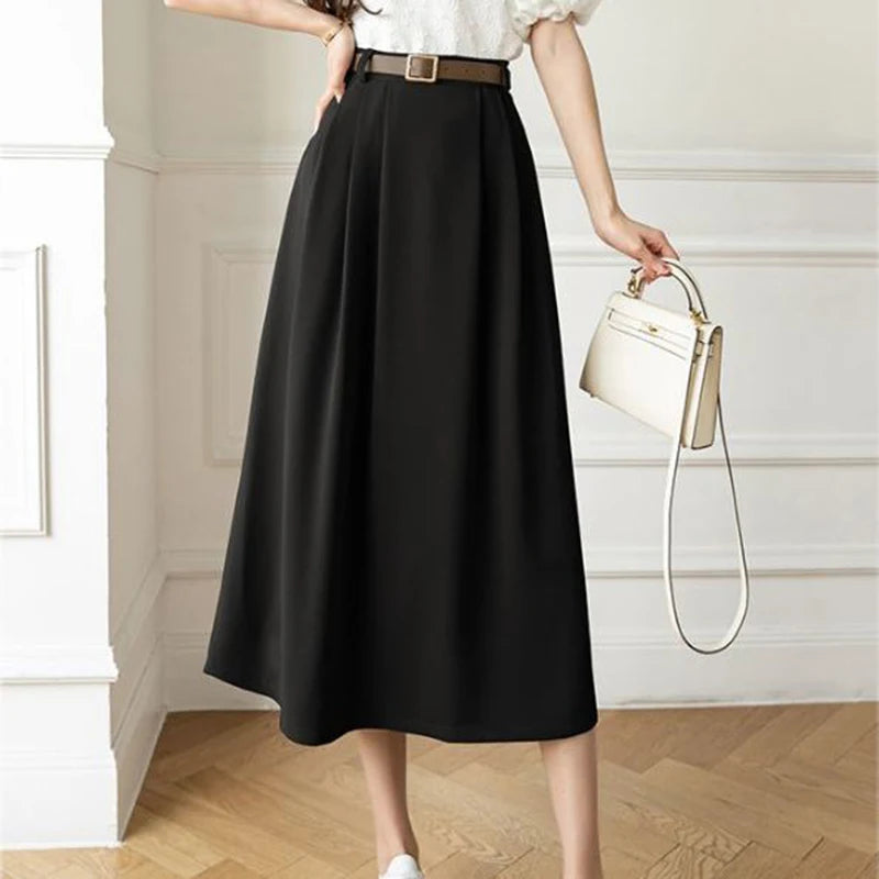 Summer A-line Skirts Women Elegant High Waist Streetwear Midi Simple All-match Spring Popular Design Chic Faldas