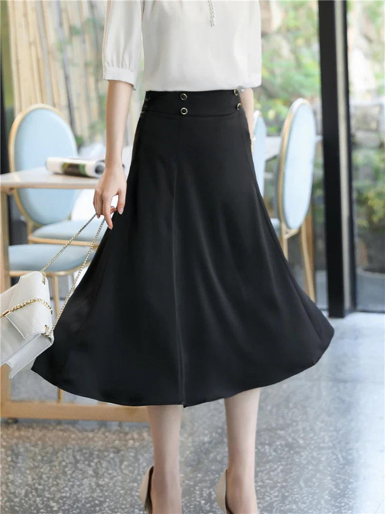 Skirt Women Spring Summer Skirts Korean Fashion Elegant High Waisted White Pink Black Midi Skirts