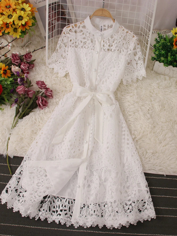 French Stylish Hollow Out Lace Vestido Women Elegant Evening Dress