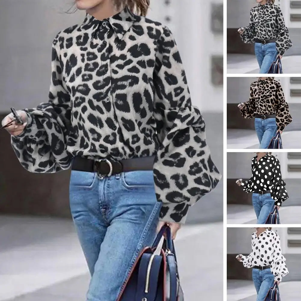 Women Lapel Lantern Long Sleeve Shirt Leopard Dot Print Single Breasted Casual Loose Fit Shirt Tops Streetwear