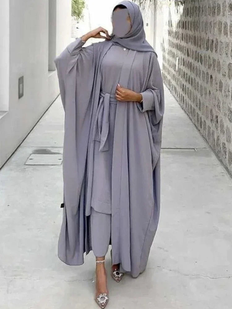 Two Piece Abaya Kimono Set Matching Muslim Abayas for Women Short Sleeve Inner Hijab Dress Clothing