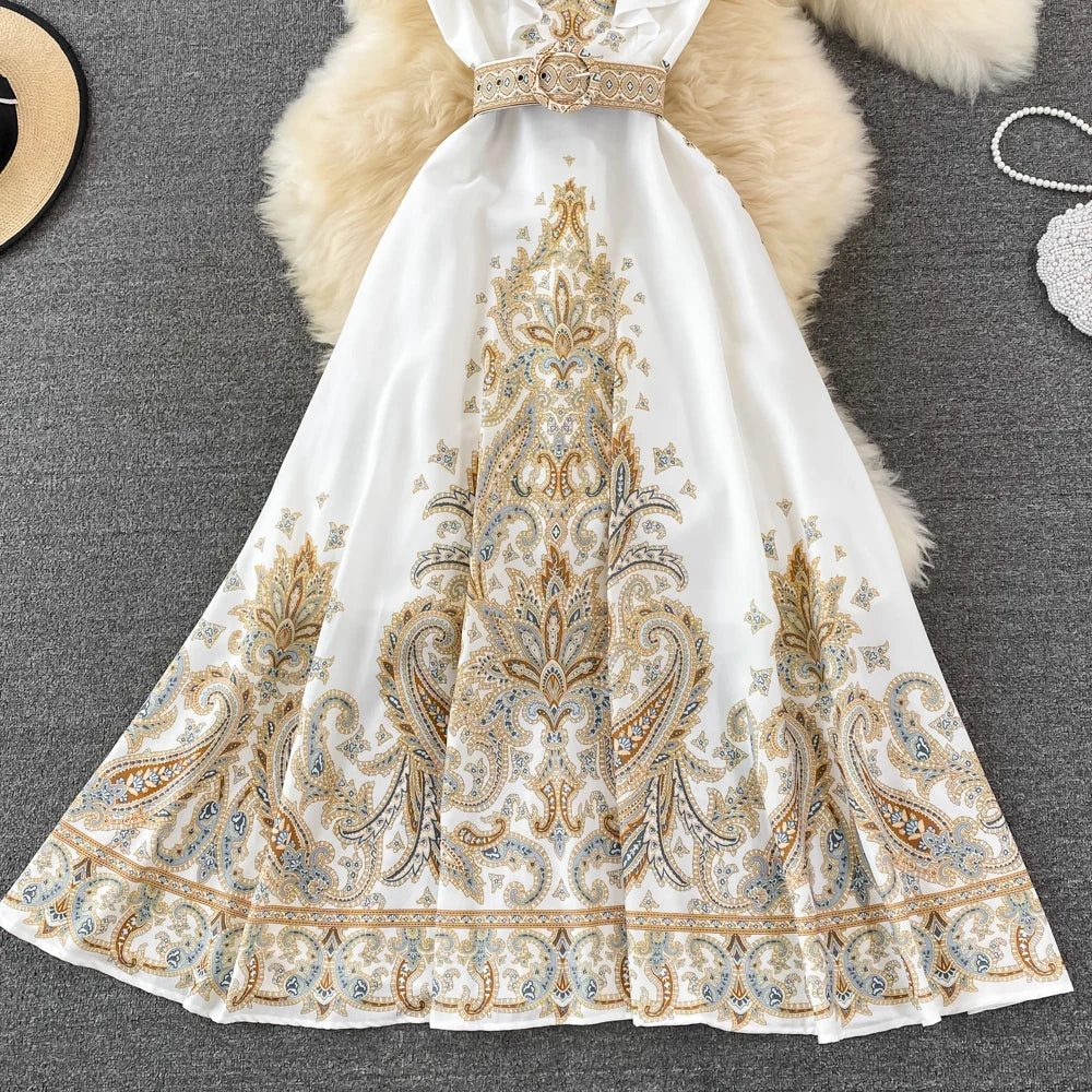 Vintage Women Midi Dress White Floral Printing Ruffles Flying Sleeve Boho Female Elegant Party Evening Vestido Diseñador Lujo