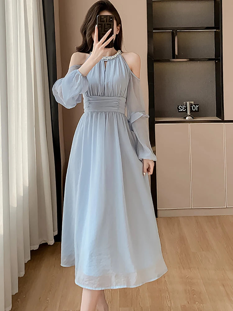Women Blue Chiffon Off Shoulder Sexy Long Dress Spring Elegant Chic Diamonds Casual Dress  Korean Fashion Bodycon Prom Dress